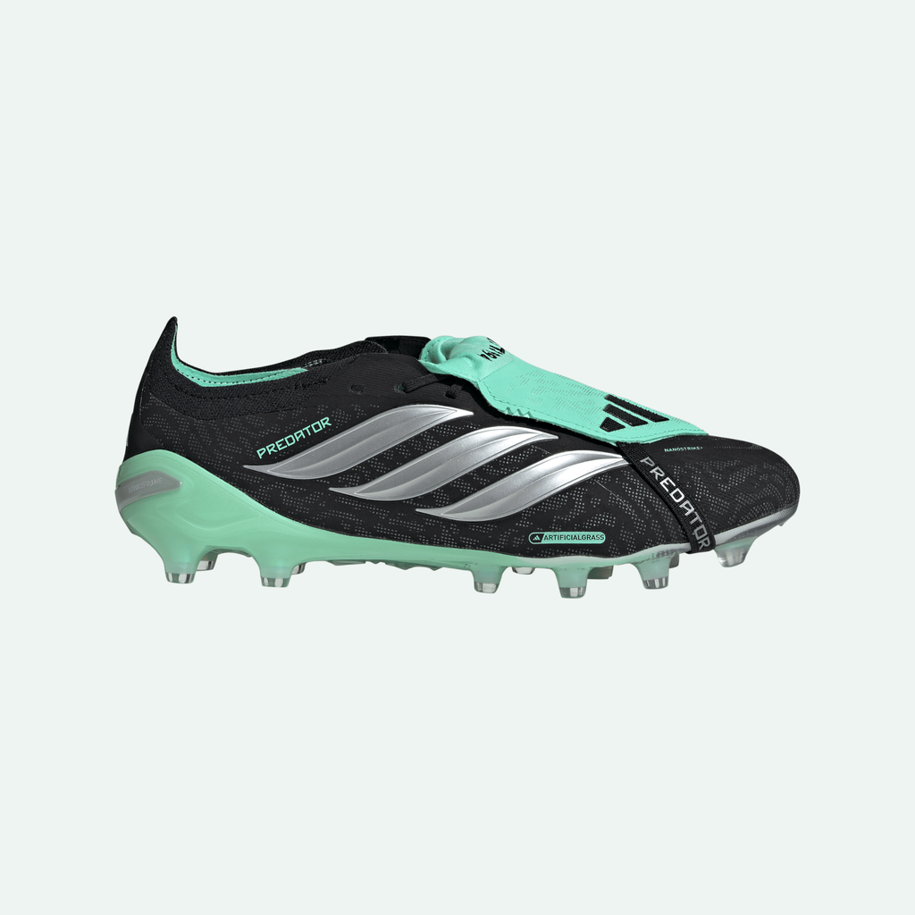 An Adidas Predator soccer cleat in black and mint green with silver stripes, shown from the side profile on a white background.