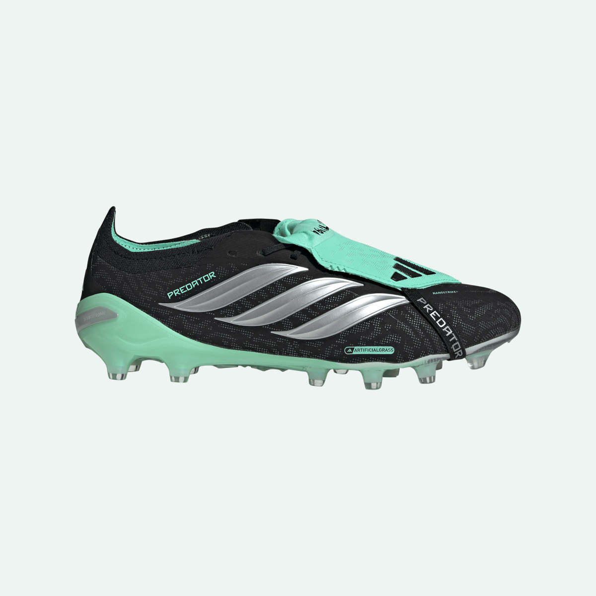 An Adidas Predator soccer cleat in black and mint green with silver stripes, shown from the side profile on a white background.